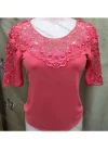 Wholesale Women's Vintage 3/4 Sleeve Guipure Lace Trim Embroidery Plain Tops - Liuhuamall