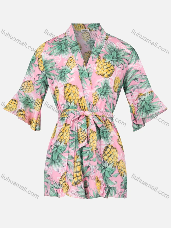 Wholesale Women's Warp Bell Sleeve Tropical Pineapple Print Vacation Romper With Belt