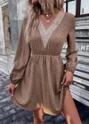 Wholesale Women's Casual Polka Dot V Neck Ruched Lace Trim Long Sleeve Short Dress - Liuhuamall