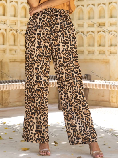 Wholesale Women's Casual Leopard Print Patch Pocket High Waist Woven Wide Leg Pants RF2332#