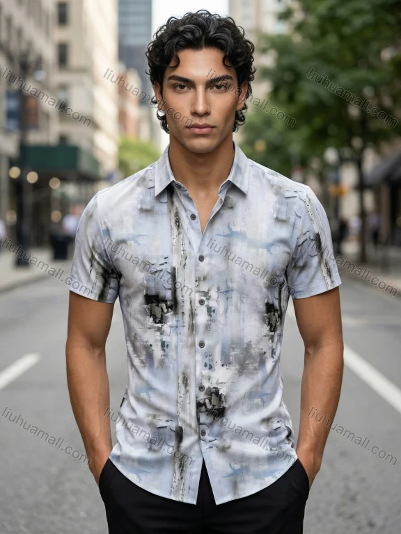 Wholesale In Stock Men's Slim - Fit Short Sleeve Artistic Abstract Print Shirt, Turn - Down Collar Button - Front Casual