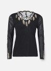 Wholesale Women's Casual Leaf Embroidery Rhinestone Sheer Mesh Long Sleeve Scallop Neck Top - Liuhuamall