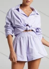 Wholesale Women's Casual Plain & Colorblock Long Sleeve Shirts & Elastic High Waist Shorts 2 Piece Set - Liuhuamall
