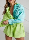Wholesale Women's Casual Plain & Colorblock Long Sleeve Shirts & Elastic High Waist Shorts 2 Piece Set - Liuhuamall