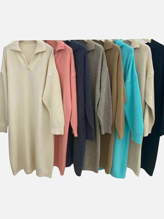 Women's Casual Plain Turn-down Collar Long Sleeve Midi Sweater Dress 809#, Clothing Wholesale Market -LIUHUA, 