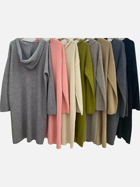 Women's Casual Plain V Neck Long Sleeve Hooded Midi Sweater Dress 801#, Clothing Wholesale Market -LIUHUA, 
