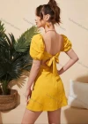 Wholesale Women's Square Neck Puff Sleeve Open Back Bow Knot Back Plain Short Dress AY183# - Liuhuamall