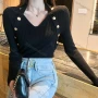 Wholesale Women's Casual V Neck Plain Button Decor Knit Halter Blouse 9953# preview