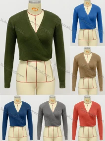 Wholesale Women's Casual Long Sleeve Wrap Plain Pullover Crop Knit Sweater, LIUHUA CLOTHING WHOLESALE
