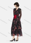 Wholesale Women's Casual Floral Print Wrap V Neck Long Sleeve Tie Front Layered Ruffle Hem Maxi Dress - Liuhuamall