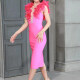 Women's Glamorous Plunge Neck Sleeveless Feather Trim Bodycon Midi Dress Hot Pink Clothing Wholesale Market -LIUHUA
