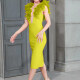 Women's Glamorous Plunge Neck Sleeveless Feather Trim Bodycon Midi Dress T643# Clothing Wholesale Market -LIUHUA
