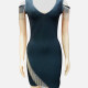 Women's Elegant V Neck Fringe Trim Scarf Hem Short Tank Dress Cerulean Clothing Wholesale Market -LIUHUA