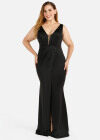 Wholesale Women's Elegant Plain Deep V-Neck Zip Back Sequin Split Wrap Hem Evening Dress - Liuhuamall