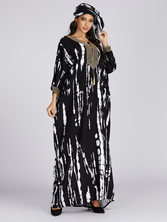 Women's Folkloric Vintage Abstract Print Embroidered Tassel Decor 3/4 Sleeve Robe Maxi African Dress, Clothing Wholesale Market -LIUHUA, 