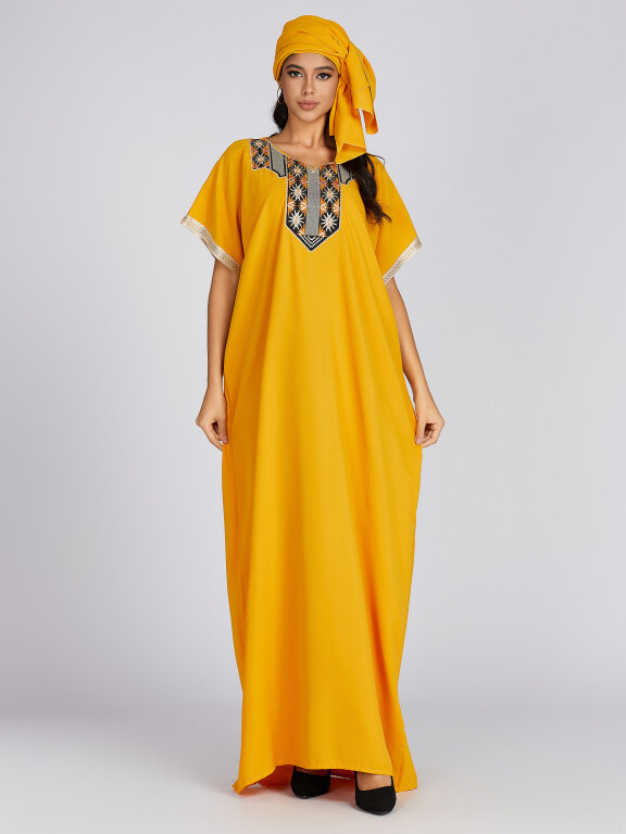 Women's Folkloric Vintage Embroidery V Neck Rhinestone Decor Short Sleeve Robe Maxi African Dress, Clothing Wholesale Market -LIUHUA, 