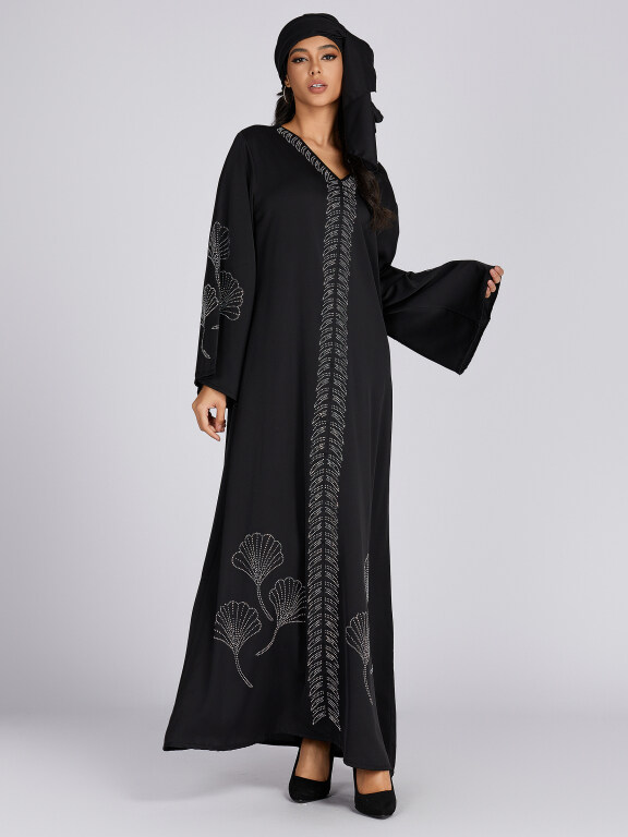 Women's Folkloric Plain V Neck Rhinestone Decor Long Sleeve Robe Maxi African Dress, Clothing Wholesale Market -LIUHUA, 