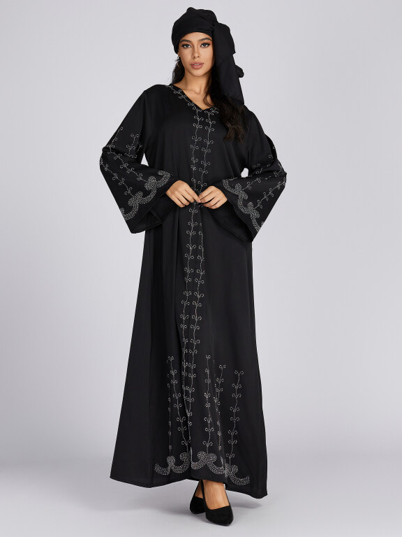 Women's Folkloric Plain V Neck Rhinestone Decor Long Sleeve Robe Maxi African Dress, Clothing Wholesale Market -LIUHUA, 