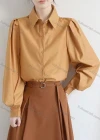 Wholesale Women's Casual Collared Puff Sleeve Button Down Ruched Plain Shirts 555660# - Liuhuamall