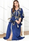 Wholesale Women's Elegant V Neck Folk Art Split Front Beaded Decor Long Sleeve Gold Thread Embroidery Abaya Dress With Belt - Liuhuamall