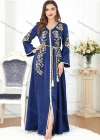 Wholesale Women's Elegant V Neck Folk Art Split Front Beaded Decor Long Sleeve Gold Thread Embroidery Abaya Dress With Belt - Liuhuamall