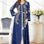 Wholesale Women's Elegant V Neck Folk Art Split Front Beaded Decor Long Sleeve Gold Thread Embroidery Abaya Dress With Belt preview