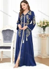 Wholesale Women's Elegant V Neck Folk Art Split Front Beaded Decor Long Sleeve Gold Thread Embroidery Abaya Dress With Belt - Liuhuamall