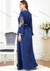 Wholesale Women's Elegant V Neck Folk Art Split Front Beaded Decor Long Sleeve Gold Thread Embroidery Abaya Dress With Belt - Liuhuamall