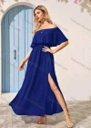 Wholesale Women's Plain Off Shoulder Split Side Ruffle Trim Maxi Cocktail Dress - Liuhuamall