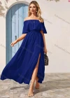 Wholesale Women's Plain Off Shoulder Split Side Ruffle Trim Maxi Cocktail Dress - Liuhuamall