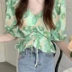 Wholesale Women's Causal V Neck Puff Sleeve Ruffle Hem Drawstring Floral Print Blouse Green Clothing Wholesale Market Liuhua