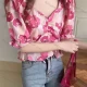 Wholesale Women's Causal V Neck Puff Sleeve Ruffle Hem Drawstring Floral Print Blouse Pink Clothing Wholesale Market Liuhua