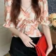 Wholesale Women's Causal V Neck Puff Sleeve Ruffle Hem Drawstring Floral Print Blouse Orange Clothing Wholesale Market Liuhua