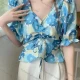 Wholesale Women's Causal V Neck Puff Sleeve Ruffle Hem Drawstring Floral Print Blouse Blue Clothing Wholesale Market Liuhua