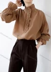 Wholesale Women's Elegant Ruffle Neck Poet Sleeve Button Front Ruffle Trim Plain Blouse 799163# - Liuhuamall