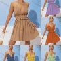 Wholesale Women's Sexy Spaghetti Strap Plunge Neck Ruffle Trim Shired Waist Cami Short Dress AY104# preview