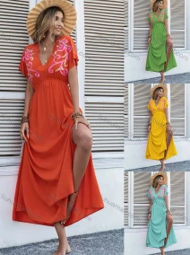 Wholesale Women's Boho V Neck Short Sleeve Floral Print Side Slit Midi Dress AY108#, LIUHUA CLOTHING WHOLESALE