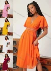 Wholesale Women's Casual Wrap V Neck Butterfly Sleeve Guipure Lace Trim Plain Midi Dress AY111# - Liuhuamall