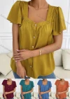 Wholesale Women's Casual Square Neck Butterfly Sleeve Button Down Plain Tops AY114# - Liuhuamall