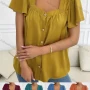 Wholesale Women's Casual Square Neck Butterfly Sleeve Button Down Plain Tops AY114# preview
