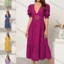 Wholesale Women's Elegant Deep V Neck Puff Sleeve Ruffle Hem Midi Dress With Belt AY121# preview