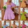 Wholesale Women's Square Neck Puff Sleeve Open Back Bow Knot Back Ruffle Hem Plain Short Dress AY181# preview