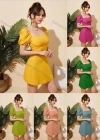 Wholesale Women's Square Neck Puff Sleeve Open Back Bow Knot Back Plain Short Dress AY183# - Liuhuamall