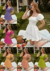 Wholesale Women's Retro Square Neck Puff Sleeve Open Back Shirred Ruffle Hem Plain Short Dress AY185# - Liuhuamall