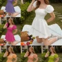 Wholesale Women's Retro Square Neck Puff Sleeve Open Back Shirred Ruffle Hem Plain Short Dress AY185# preview