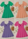 Wholesale Women's Sweetheart Neck Puff Sleeve Open Back Ruffle Trim Lace Up Plain Short Dress AY186# - Liuhuamall