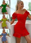 Wholesale Women's Sexy Off Shoulder Poet Sleeve Ruffle Trim Ruched Plain Short Dress AY187# - Liuhuamall