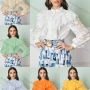 Wholesale Women's Stand Collar Lantern Sleeve Sheer Lace Button Down Plain Blouse AY196# preview
