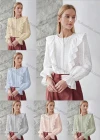 Wholesale Women's Round Neck Poet Sleeve Ruffle Trim Button Down Eyelet Lace Plain Blouse AY198# - Liuhuamall