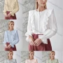Wholesale Women's Round Neck Poet Sleeve Ruffle Trim Button Down Eyelet Lace Plain Blouse AY198# preview